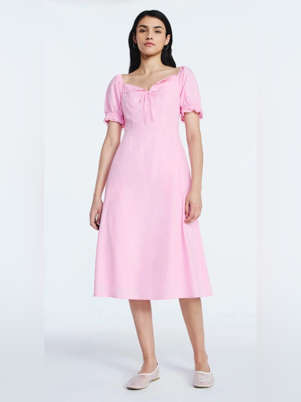 NWT Scoop Lace collar Tie-Front Pink Midi Dress with Puff Sleeves